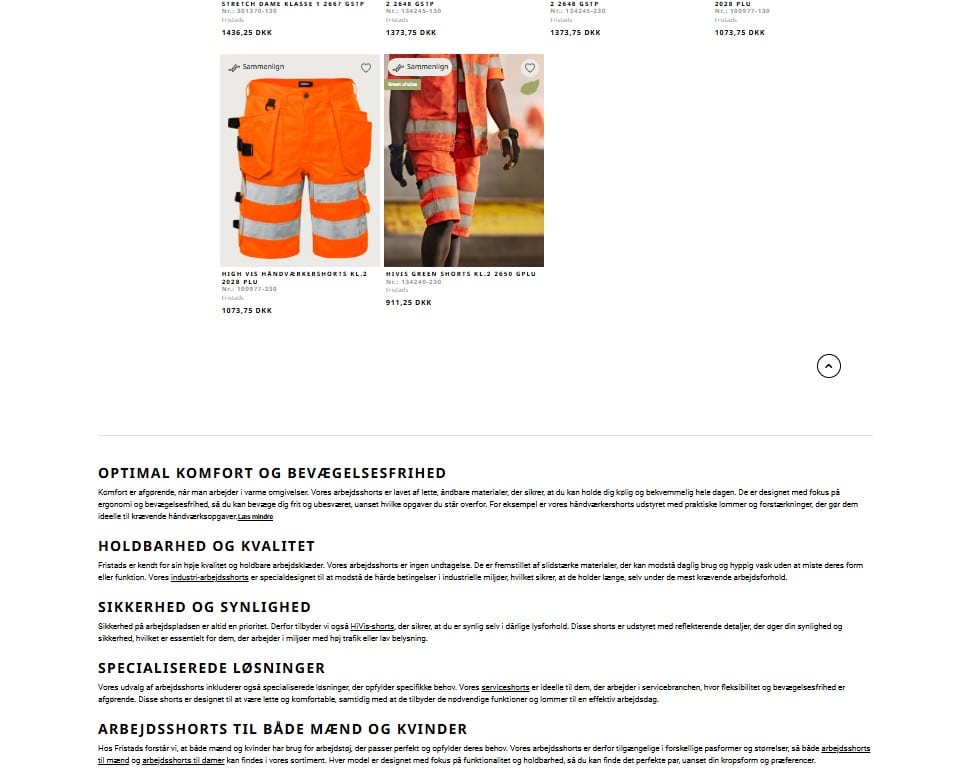 Eksempel på strategiske SEO tekster og teknisk SEO optimering på en webshop kategoriside.